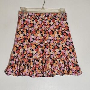 LOFT Petites Skirt Womens XS Petite Black Floral Ruffle Hem A-Line Mini Rayon